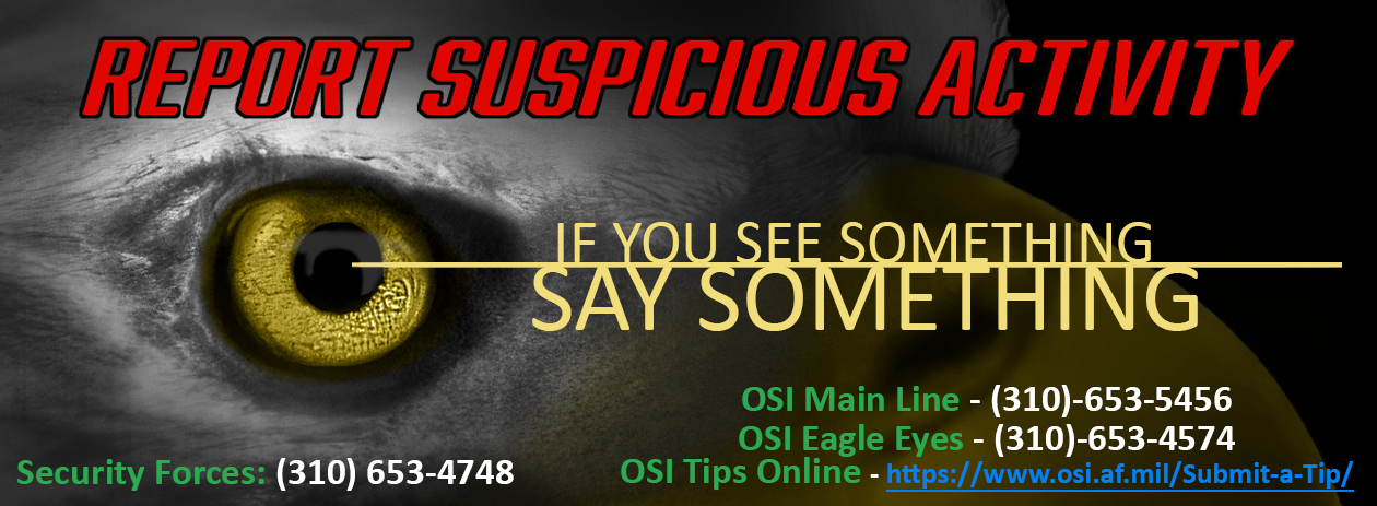 A yellow eagle eye stares at the viewer, and text states, "Report suspicious activity; if you see something, say something."